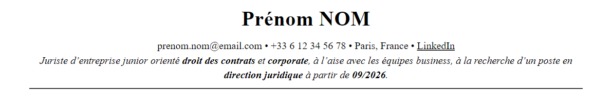 CV Juriste d'entreprise : en-tête et accroche