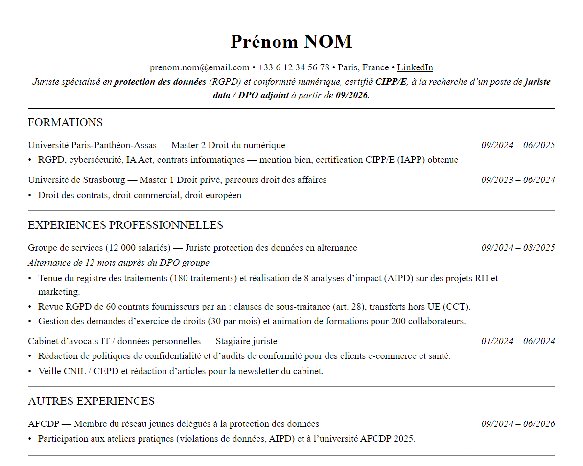 Aperçu : Exemple de CV Juriste RGPD / DPO