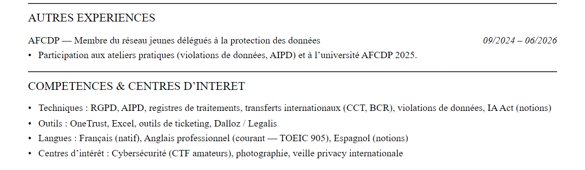 CV Juriste RGPD / DPO : compétences et centres d’intérêt