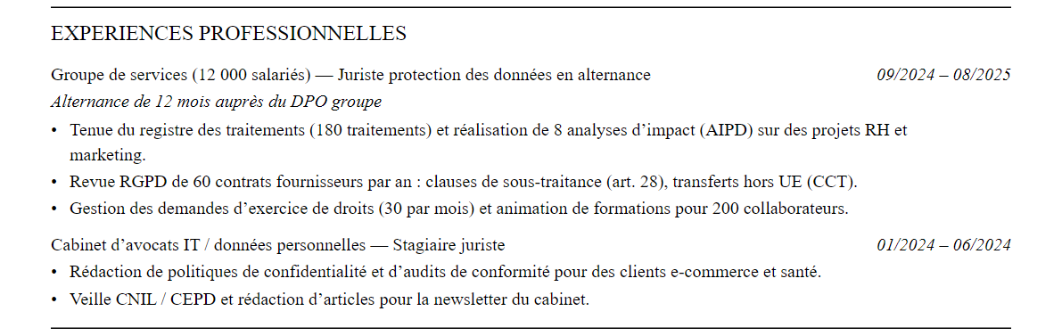 CV Juriste RGPD / DPO : expériences