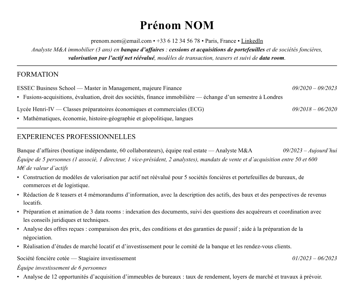 Aperçu : Exemple de CV M&A immobilier