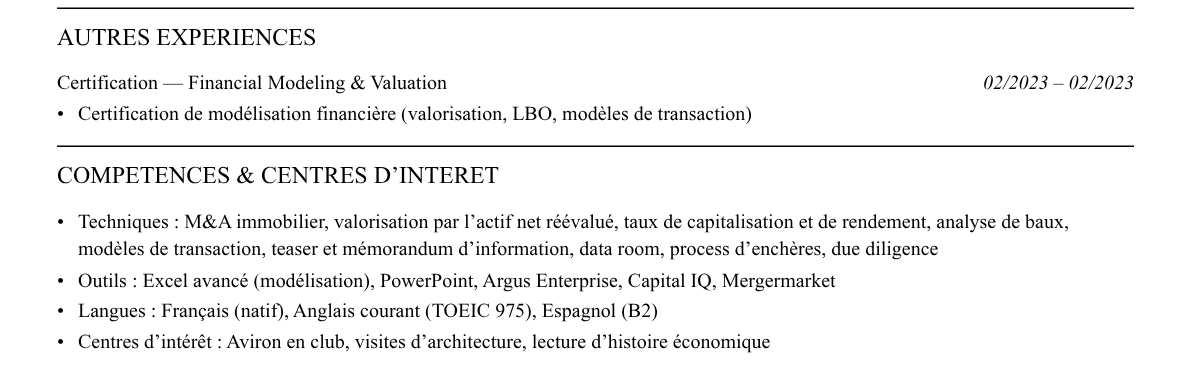 CV m&a immobilier : compétences et centres d’intérêt
