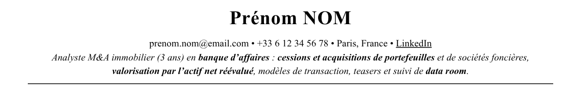 CV m&a immobilier : en-tête et accroche