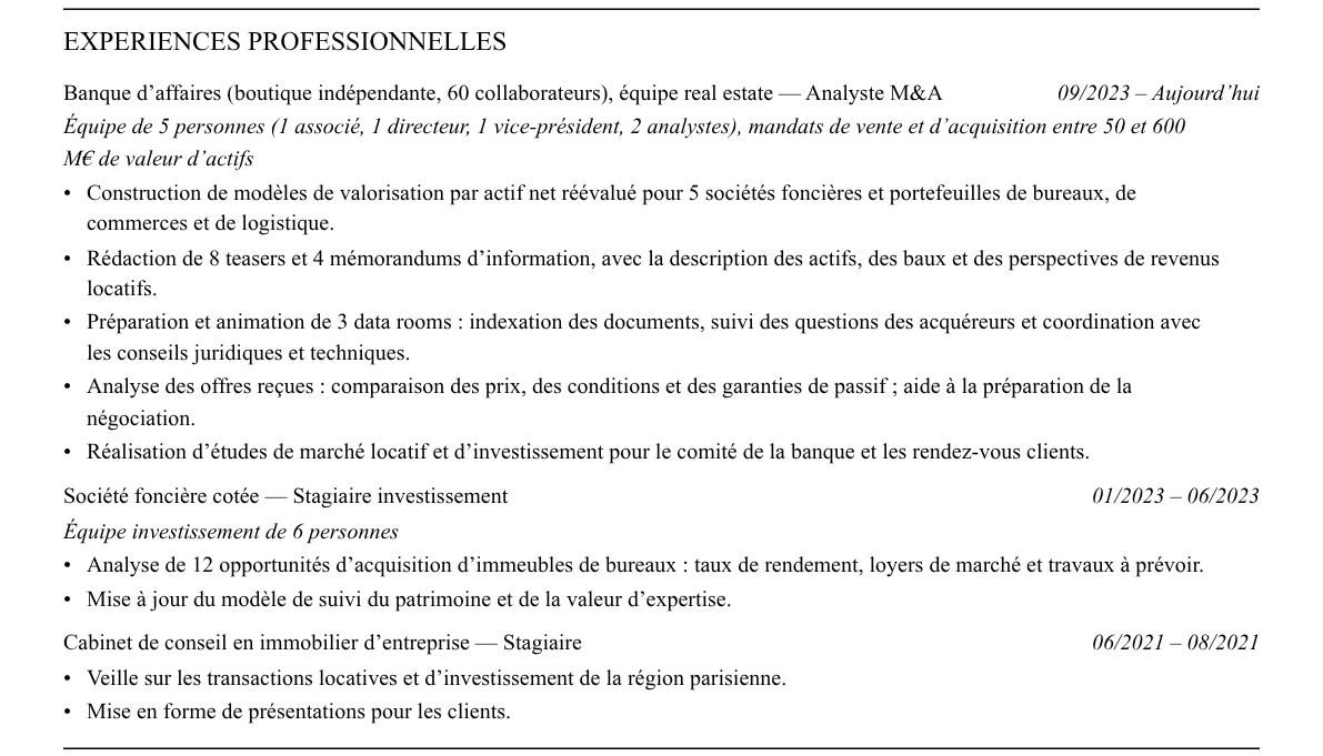 CV m&a immobilier : expériences