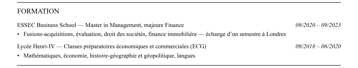 CV m&a immobilier : formation