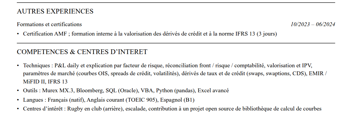 CV middle office : compétences et centres d’intérêt