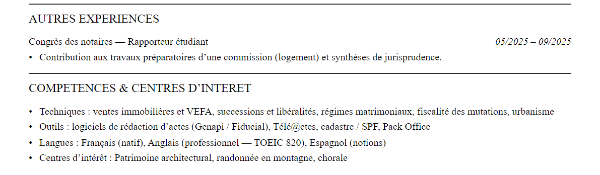 CV Notaire : compétences et centres d’intérêt
