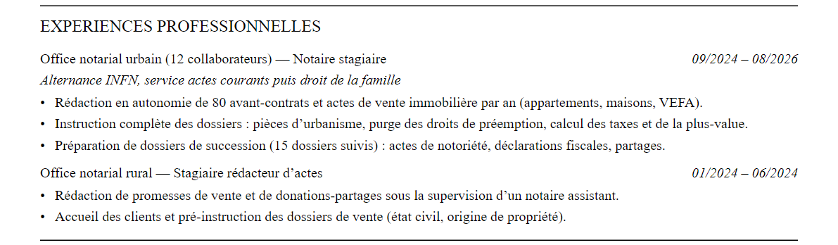CV Notaire : expériences
