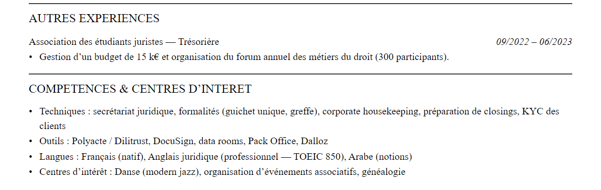 CV Paralegal : compétences et centres d’intérêt
