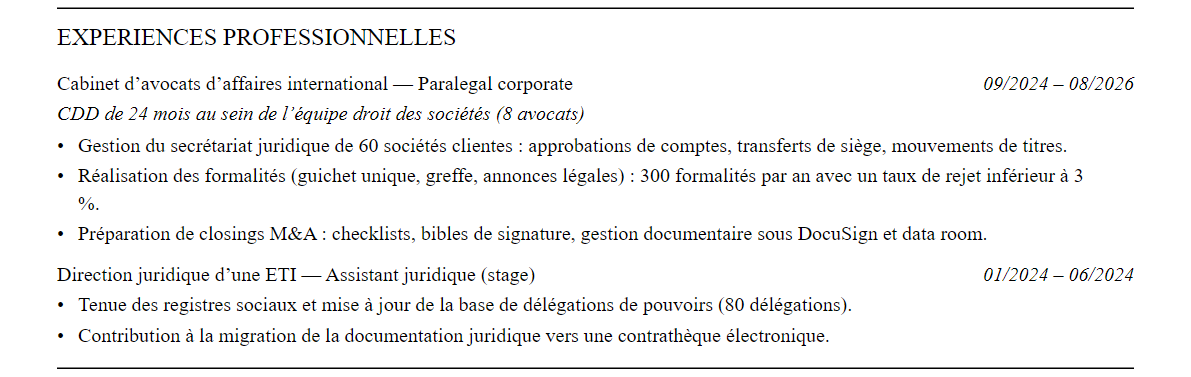 CV Paralegal : expériences