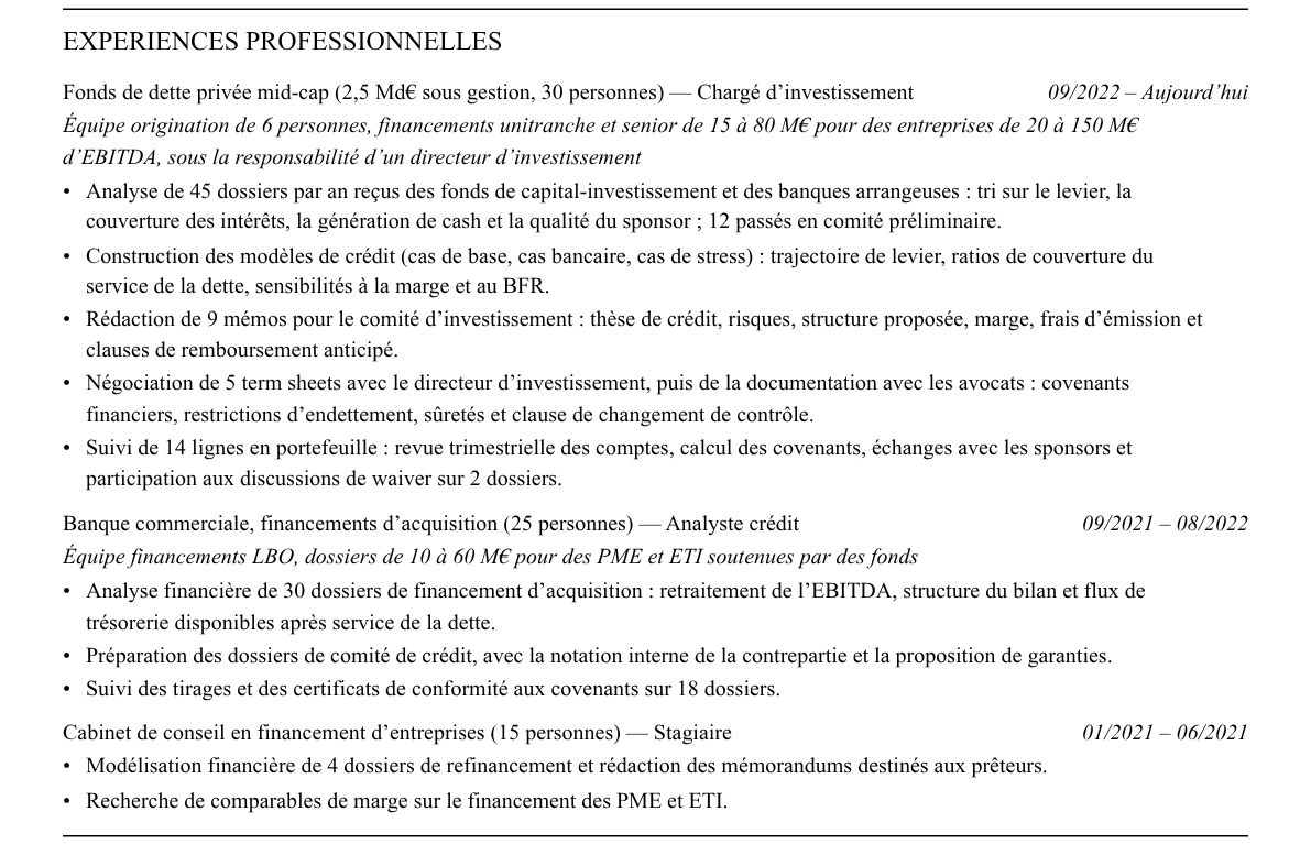 CV private debt : expériences