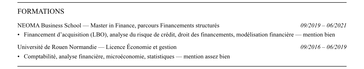 CV private debt : formation