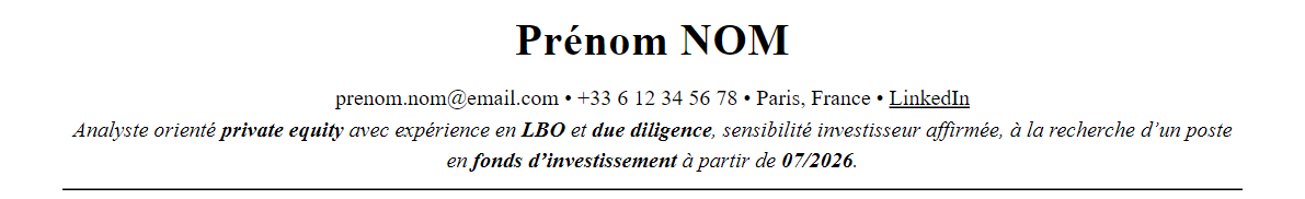 CV Private Equity : en-tête et accroche