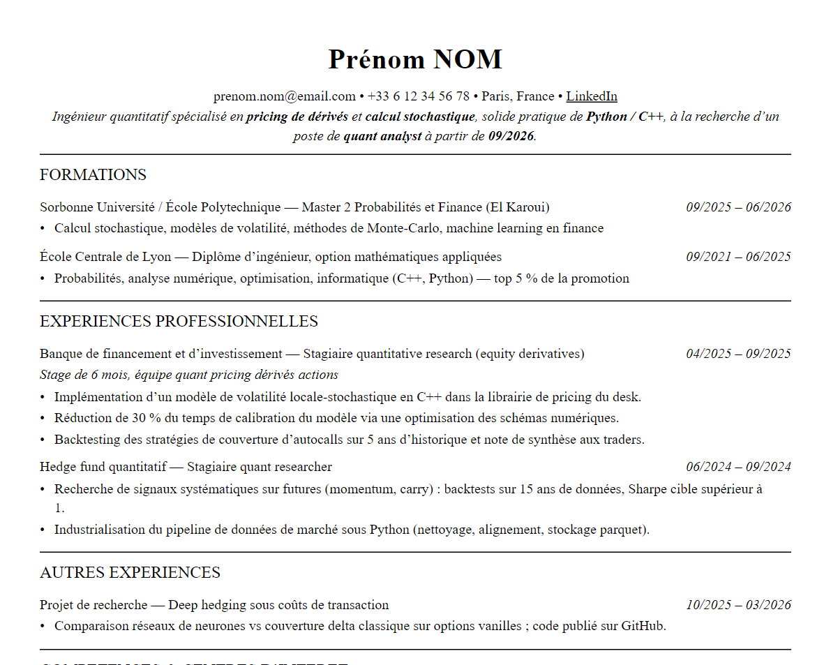 Aperçu : Exemple de CV Finance quantitative