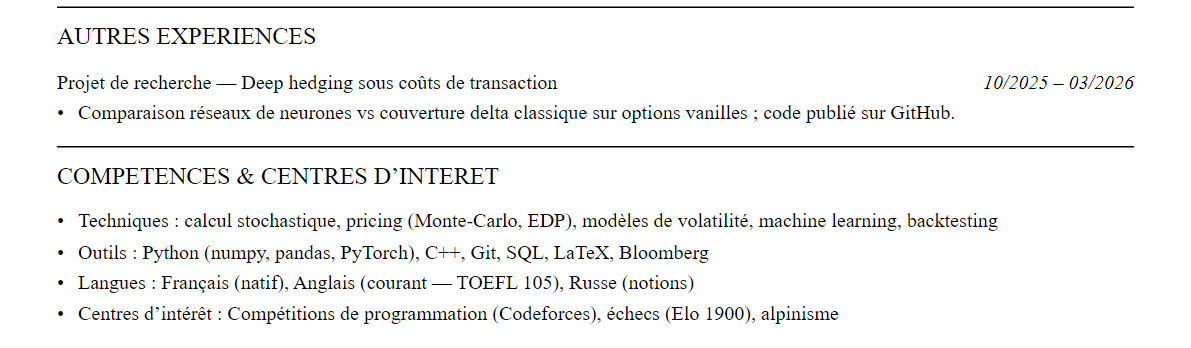 CV Finance quantitative : compétences et centres d’intérêt