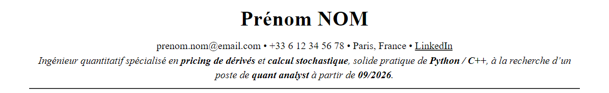 CV Finance quantitative : en-tête et accroche