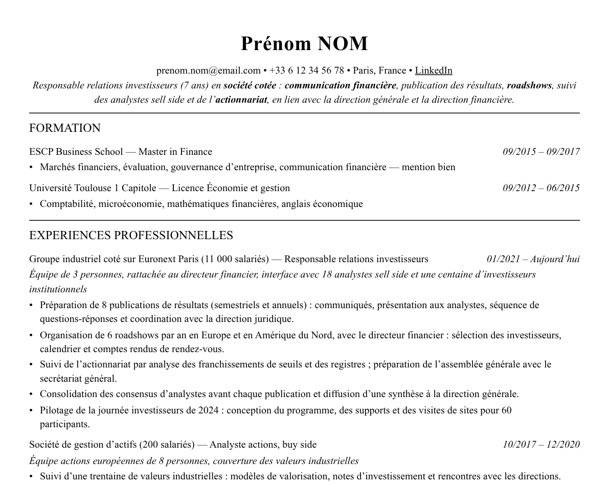 Aperçu : Exemple de CV Relations investisseurs