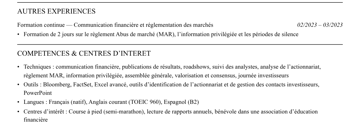 CV relations investisseurs : compétences et centres d’intérêt