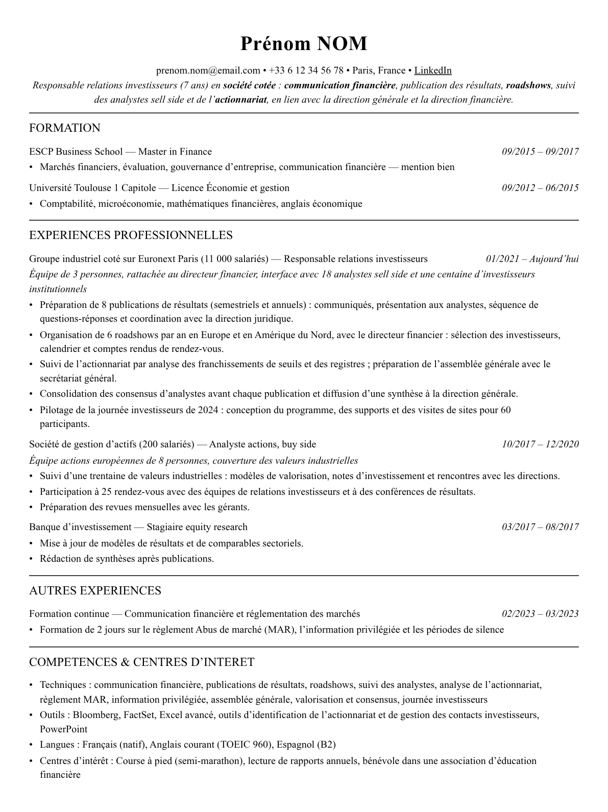CV relations investisseurs complet sur une page