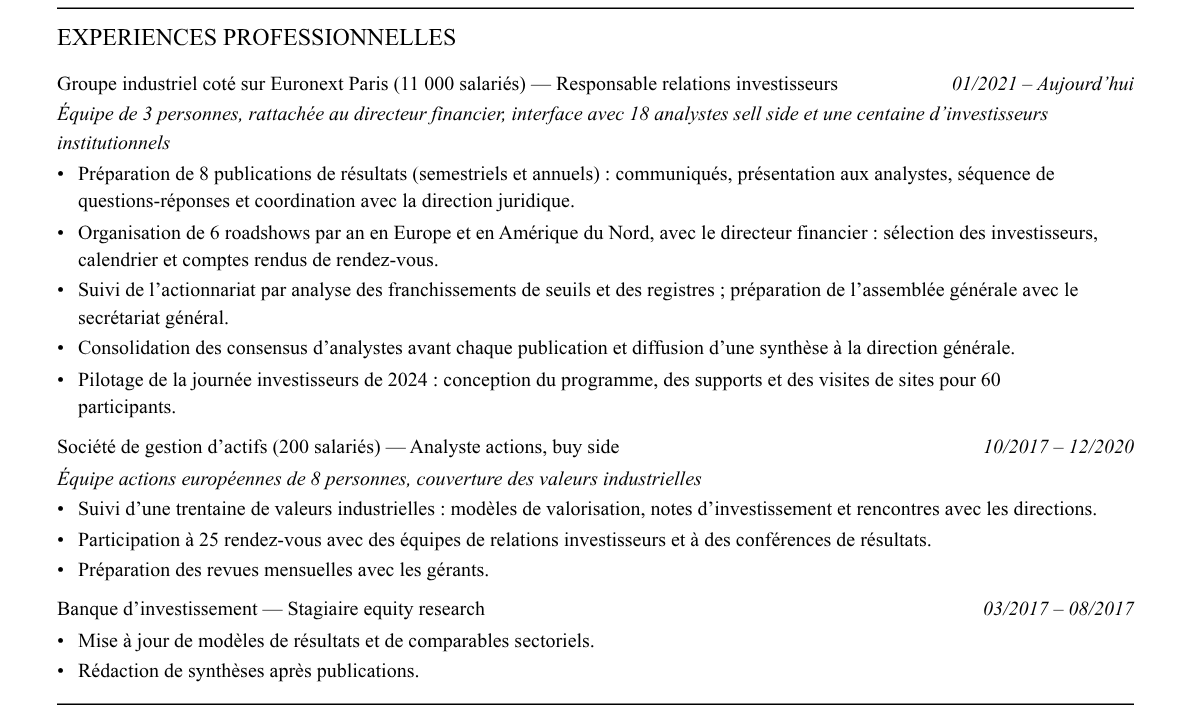 CV relations investisseurs : expériences