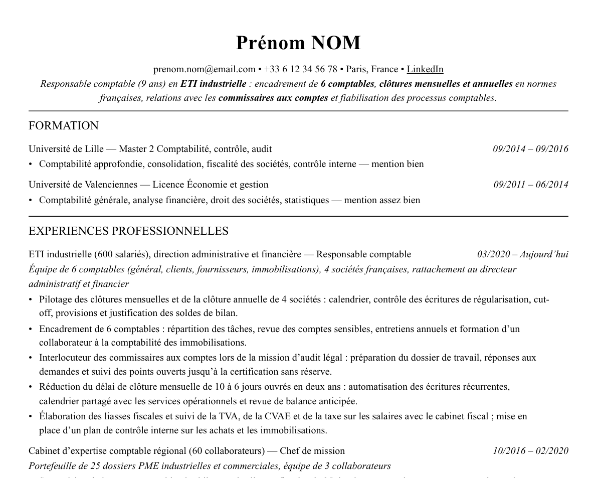 Aperçu : Exemple de CV Responsable comptable