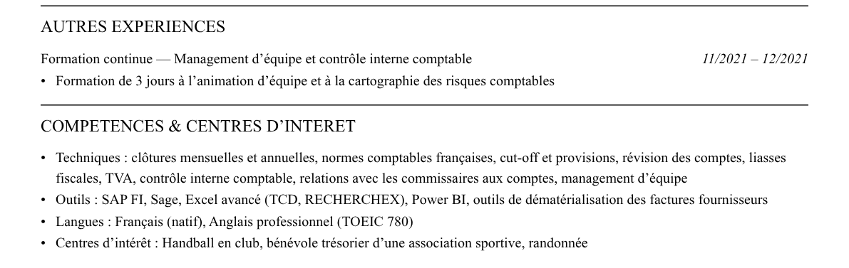CV responsable comptable : compétences et centres d’intérêt