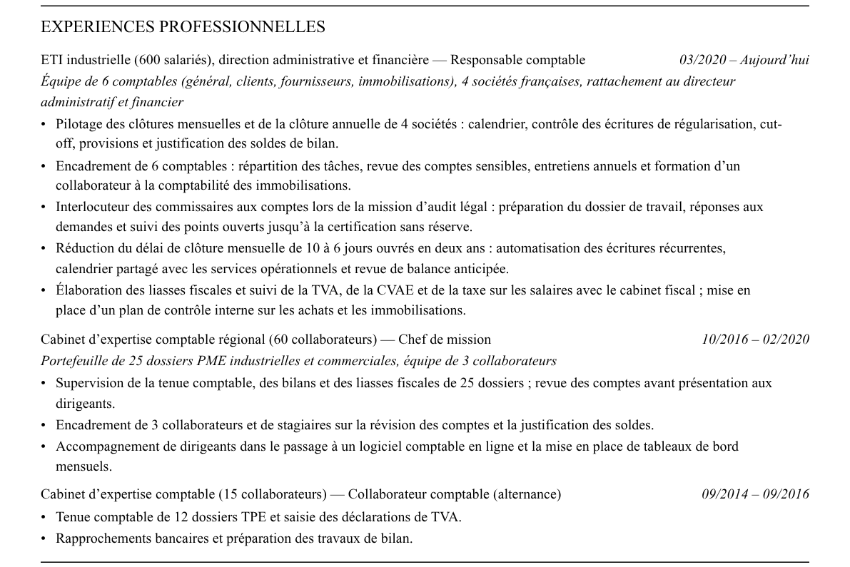 CV responsable comptable : expériences