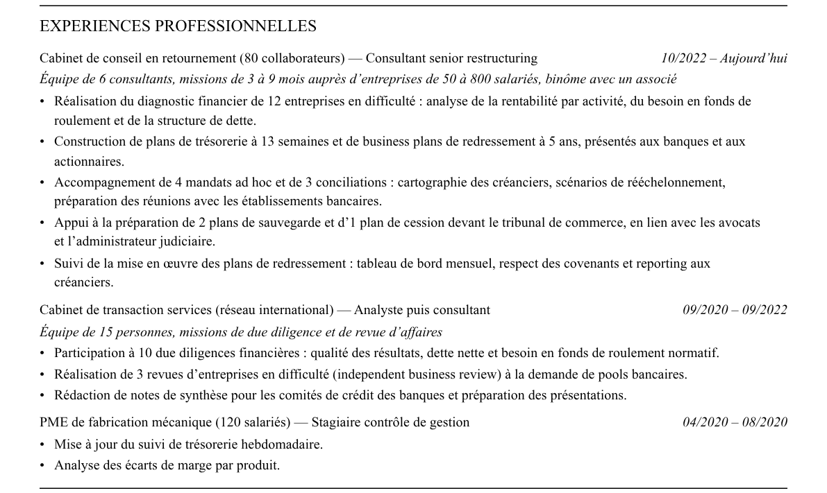 CV restructuring : expériences
