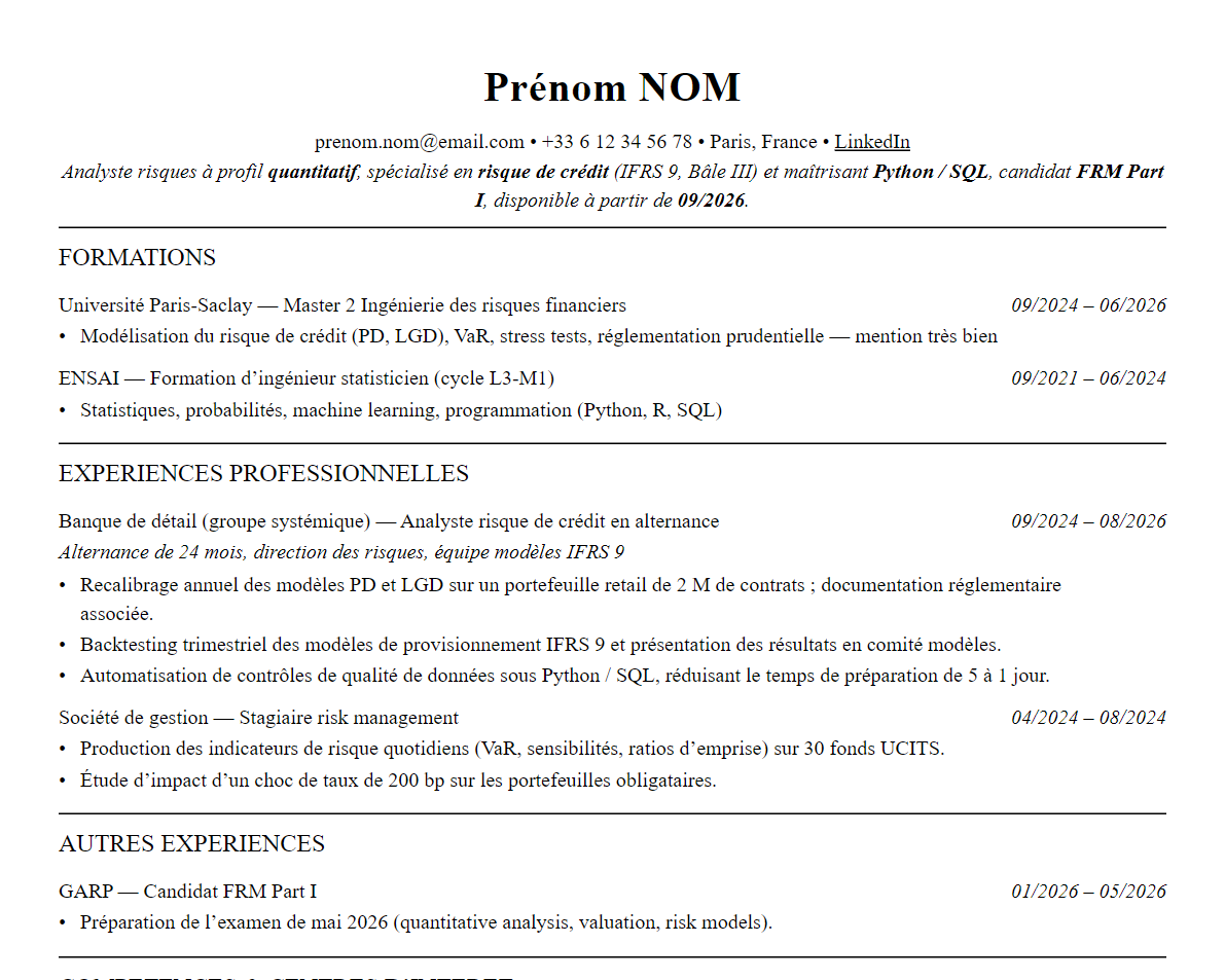 Aperçu : Exemple de CV Risk Management