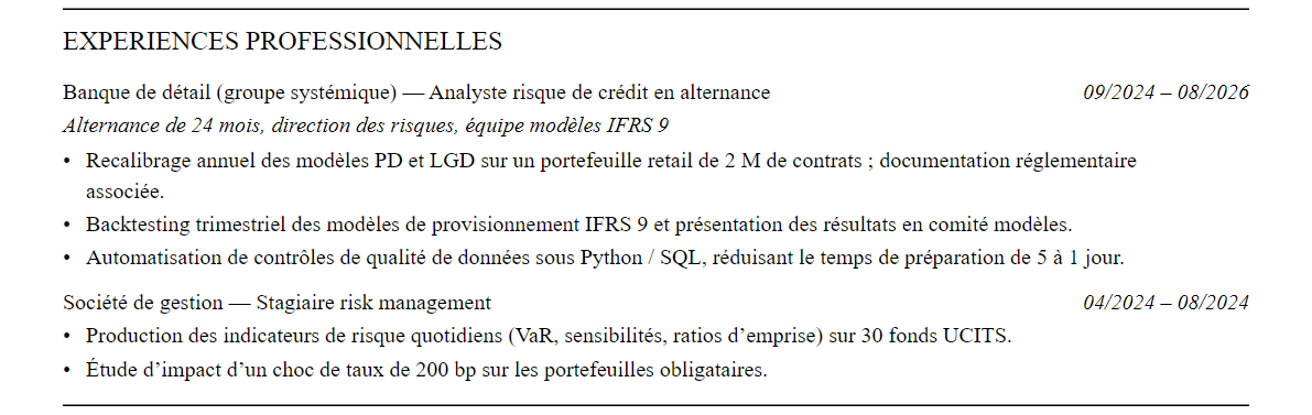 CV Risk Management : expériences
