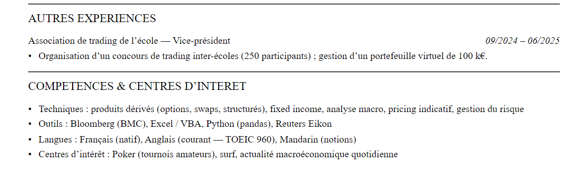 CV Sales & Trading : compétences et centres d’intérêt