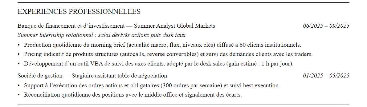 CV Sales & Trading : expériences