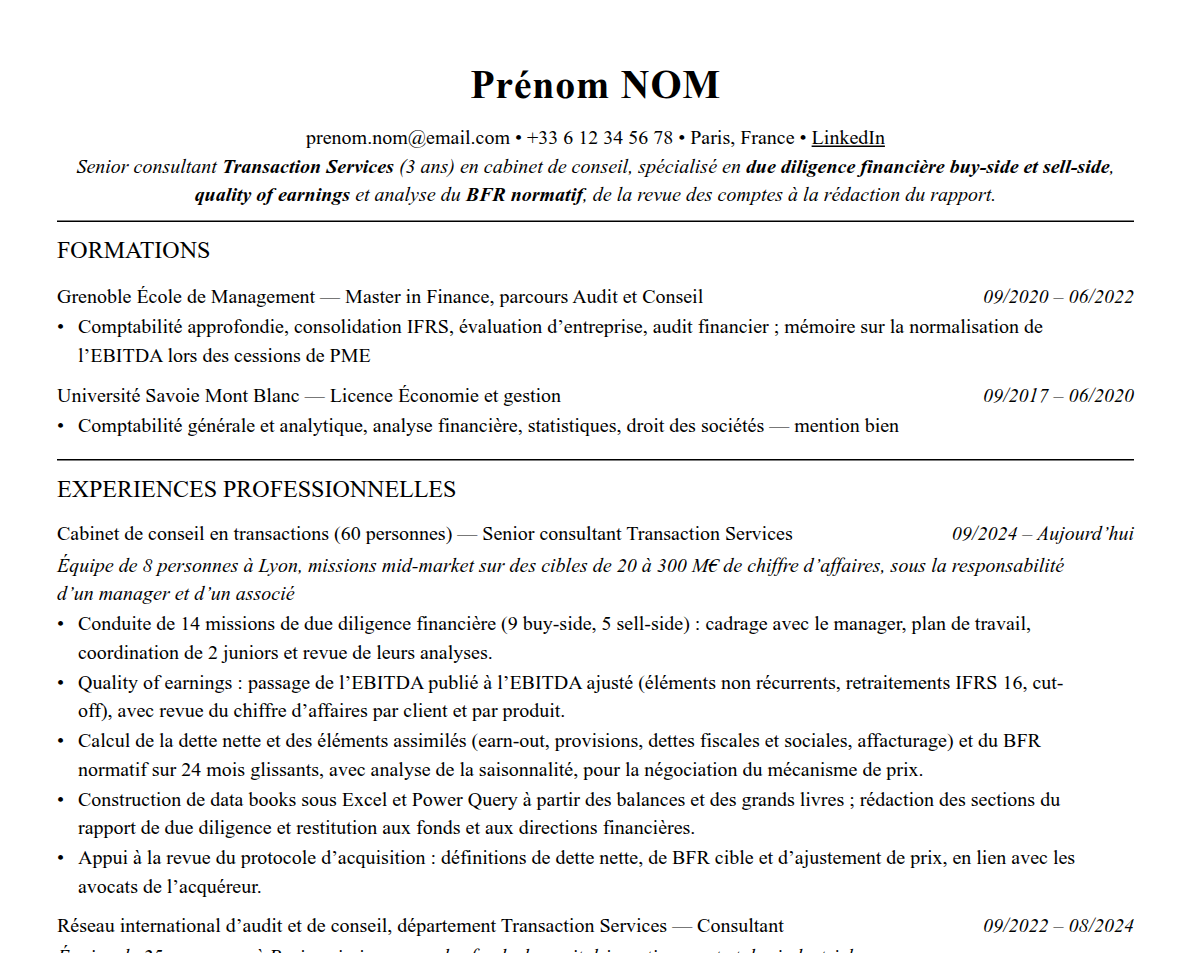 Aperçu : Exemple de CV Transaction services