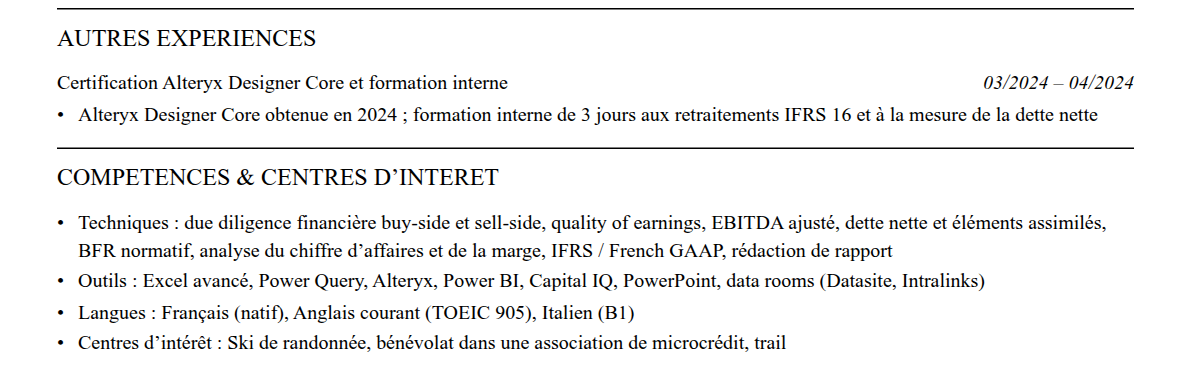 CV transaction services : compétences et centres d’intérêt
