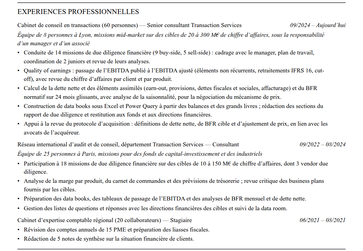 CV transaction services : expériences