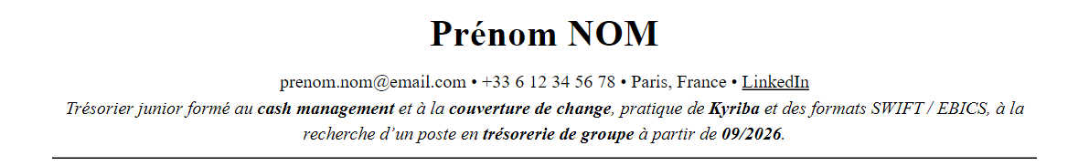 CV Trésorerie : en-tête et accroche